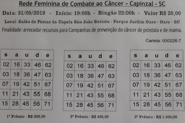 Rede Feminina de Combate ao Câncer de Capinzal promove bingo beneficente neste sábado (11)