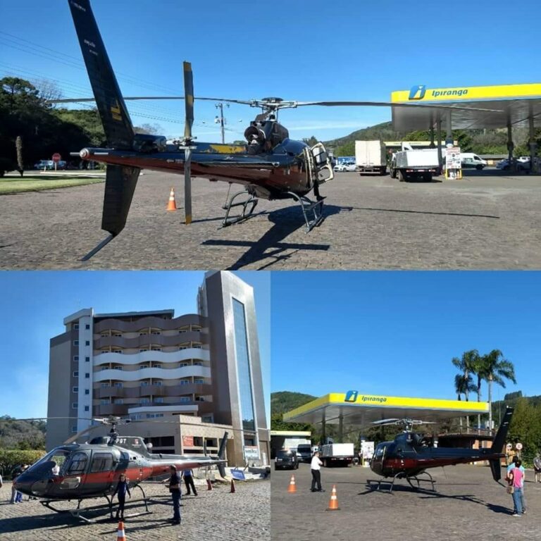 Helicóptero pousa em pátio de posto de combustíveis em Erval Velho; saiba o motivo